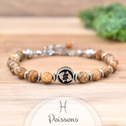 Bracelet en Pierre Naturelle Bracelet Signe Astrologique POISSONS en Acier et Pierres Naturelles 6mm - Jaspe Paysage