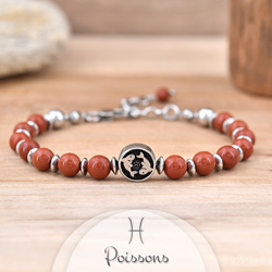 Bracelet en Pierre Naturelle Bracelet Signe Astrologique POISSONS en Acier et Pierres Naturelles 6mm - Jaspe Rouge