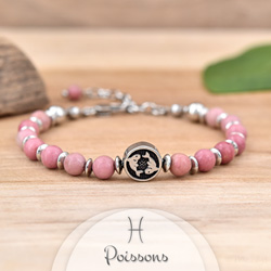 Bracelet en Pierre Naturelle Bracelet Signe Astrologique POISSONS en Acier et Pierres Naturelles 6mm - Rhodonite