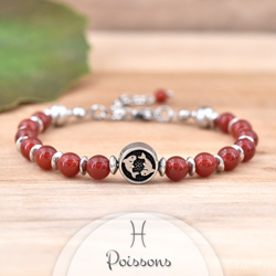 Bracelet en Pierre Naturelle Bracelet Signe Astrologique POISSONS en Acier et Pierres Naturelles 6mm - Agate Rouge