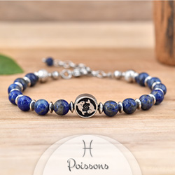 Bracelet en Pierre Naturelle Bracelet Signe Astrologique POISSONS en Acier et Pierres Naturelles 6mm - Lapis Lazuli