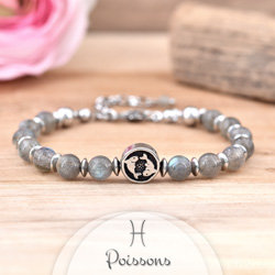 Bracelet en Pierre Naturelle Bracelet Signe Astrologique POISSONS en Acier et Pierres Naturelles 6mm - Labradorite