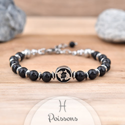 Bracelet en Pierre Naturelle Bracelet Signe Astrologique POISSONS en Acier et Pierres Naturelles 6mm - Onyx