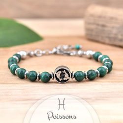 Bracelet Signe Astrologique POISSONS en Acier et Pierres Naturelles 6mm - Malachite