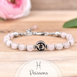 Bracelet Signe Astrologique POISSONS en Acier et Pierres Naturelles 6mm - Quartz Rose