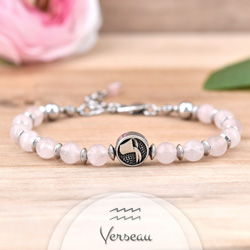 Bracelet en Pierre Naturelle Bracelet Signe Astrologique VERSEAU en Acier et Pierres Naturelles 6mm - Quartz Rose