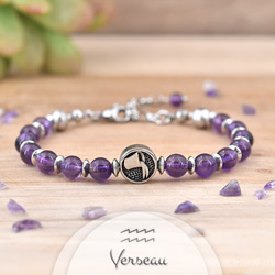 Bracelet en Pierre Naturelle Bracelet Signe Astrologique VERSEAU en Acier et Pierres Naturelles 6mm - Amthyste