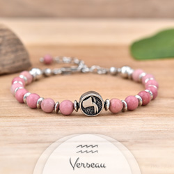 Bracelet Signe Astrologique VERSEAU en Acier et Pierres Naturelles 6mm - Rhodonite