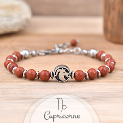 Bracelet en Pierre Naturelle Bracelet Signe Astrologique CAPRICORNE en Acier et Pierres Naturelles 6mm - Jaspe Rouge