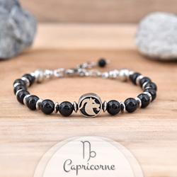 Bracelet en Pierre Naturelle Bracelet Signe Astrologique CAPRICORNE en Acier et Pierres Naturelles 6mm - Onyx