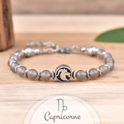 Bracelet en Pierre Naturelle Bracelet Signe Astrologique CAPRICORNE en Acier et Pierres Naturelles 6mm - Agate Grise