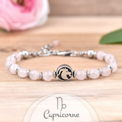 Bracelet Signe Astrologique CAPRICORNE en Acier et Pierres Naturelles 6mm - Quartz Rose