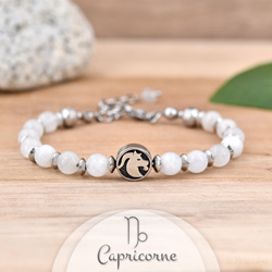 Bracelet en Pierre Naturelle Bracelet Signe Astrologique CAPRICORNE en Acier et Pierres Naturelles 6mm - Pierre de Lune