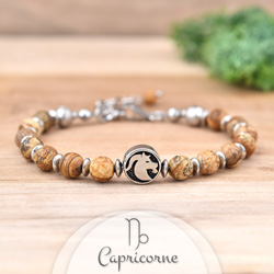 Bracelet en Pierre Naturelle Bracelet Signe Astrologique CAPRICORNE en Acier et Pierres Naturelles 6mm - Jaspe Paysage