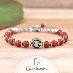 Bracelet en Pierre Naturelle Bracelet Signe Astrologique CAPRICORNE en Acier et Pierres Naturelles 6mm - Agate Rouge