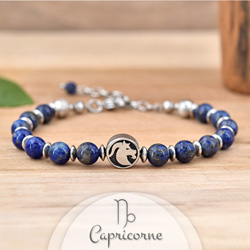 Bracelet en Pierre Naturelle Bracelet Signe Astrologique CAPRICORNE en Acier et Pierres Naturelles 6mm - Lapis Lazuli