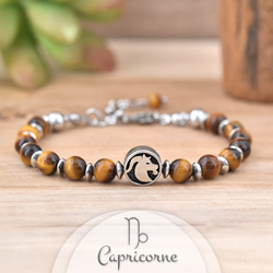 Bracelet en Pierre Naturelle Bracelet Signe Astrologique CAPRICORNE en Acier et Pierres Naturelles 6mm - Oeil de Tigre