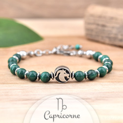 Bracelet en Pierre Naturelle Bracelet Signe Astrologique CAPRICORNE en Acier et Pierres Naturelles 6mm - Malachite