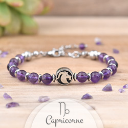 Bracelet en Pierre Naturelle Bracelet Signe Astrologique CAPRICORNE en Acier et Pierres Naturelles 6mm - Amthyste