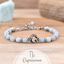 Bracelet Signe Astrologique CAPRICORNE en Acier et Pierres Naturelles 6mm - Aigue-marine