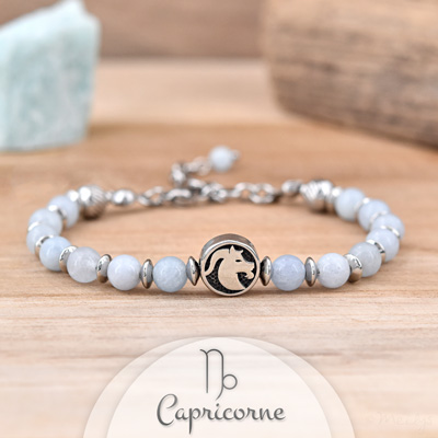 Bracelet en Pierre Naturelle Bracelet Signe Astrologique CAPRICORNE en Acier et Pierres Naturelles 6mm - Aigue-marine