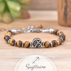 Bracelet Signe Astrologique SAGITTAIRE en Acier et Pierres Naturelles 6mm - Oeil de Tigre