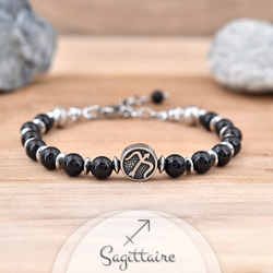 Bracelet Signe Astrologique SAGITTAIRE en Acier et Pierres Naturelles 6mm - Onyx