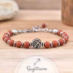 Bracelet Signe Astrologique SAGITTAIRE en Acier et Pierres Naturelles 6mm - Jaspe Rouge