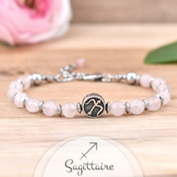 Bracelet Signe Astrologique SAGITTAIRE en Acier et Pierres Naturelles 6mm - Quartz Rose