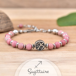 Bracelet Signe Astrologique SAGITTAIRE en Acier et Pierres Naturelles 6mm - Rhodonite