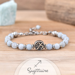 Bracelet Signe Astrologique SAGITTAIRE en Acier et Pierres Naturelles 6mm - Aigue-marine