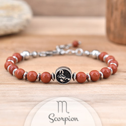 Bracelet en Pierre Naturelle Bracelet Signe Astrologique SCORPION en Acier et Pierres Naturelles 6mm - Jaspe Rouge