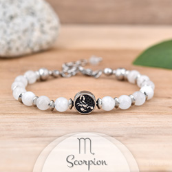 Bracelet en Pierre Naturelle Bracelet Signe Astrologique SCORPION en Acier et Pierres Naturelles 6mm - Pierre de Lune