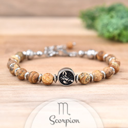 Bracelet en Pierre Naturelle Bracelet Signe Astrologique SCORPION en Acier et Pierres Naturelles 6mm - Jaspe Paysage