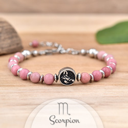 Bracelet en Pierre Naturelle Bracelet Signe Astrologique SCORPION en Acier et Pierres Naturelles 6mm - Rhodonite