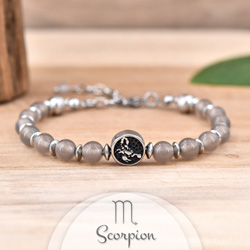 Bracelet en Pierre Naturelle Bracelet Signe Astrologique SCORPION en Acier et Pierres Naturelles 6mm - Agate Grise