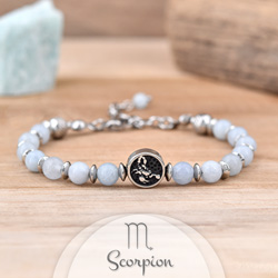 Bracelet en Pierre Naturelle Bracelet Signe Astrologique SCORPION en Acier et Pierres Naturelles 6mm - Aigue-marine