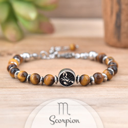 Bracelet en Pierre Naturelle Bracelet Signe Astrologique SCORPION en Acier et Pierres Naturelles 6mm - Oeil de Tigre