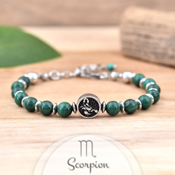 Bracelet en Pierre Naturelle Bracelet Signe Astrologique SCORPION en Acier et Pierres Naturelles 6mm - Malachite