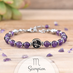 Bracelet en Pierre Naturelle Bracelet Signe Astrologique SCORPION en Acier et Pierres Naturelles 6mm - Amthyste