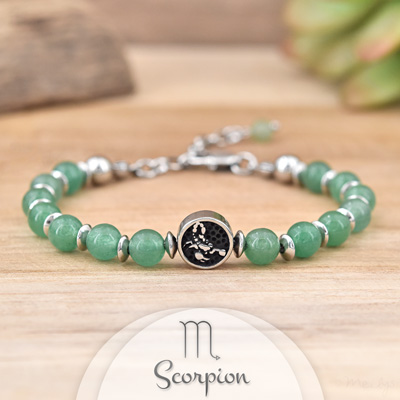 Bracelet en Pierre Naturelle Bracelet Signe Astrologique SCORPION en Acier et Pierres Naturelles 6mm - Aventurine