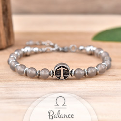 Bracelet en Pierre Naturelle Bracelet Signe Astrologique BALANCE en Acier et Pierres Naturelles 6mm - Agate Grise