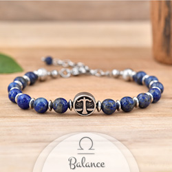 Bracelet en Pierre Naturelle Bracelet Signe Astrologique BALANCE en Acier et Pierres Naturelles 6mm - Lapis Lazuli