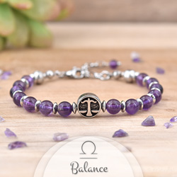 Bracelet en Pierre Naturelle Bracelet Signe Astrologique BALANCE en Acier et Pierres Naturelles 6mm - Amthyste