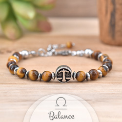 Bracelet Signe Astrologique BALANCE en Acier et Pierres Naturelles 6mm - Oeil de Tigre