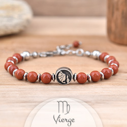 Bracelet en Pierre Naturelle Bracelet Signe Astrologique VIERGE en Acier et Pierres Naturelles 6mm - Jaspe Rouge