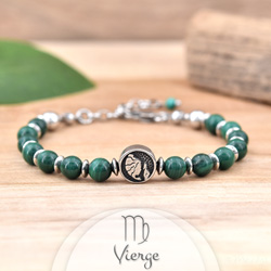 Bracelet en Pierre Naturelle Bracelet Signe Astrologique VIERGE en Acier et Pierres Naturelles 6mm - Malachite