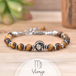 Bracelet en Pierre Naturelle Bracelet Signe Astrologique VIERGE en Acier et Pierres Naturelles 6mm - Oeil de Tigre