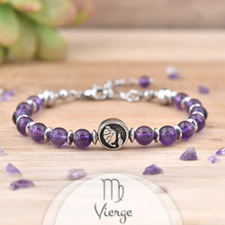 Bracelet en Pierre Naturelle Bracelet Signe Astrologique VIERGE en Acier et Pierres Naturelles 6mm - Amthyste