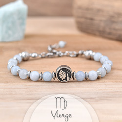 Bracelet en Pierre Naturelle Bracelet Signe Astrologique VIERGE en Acier et Pierres Naturelles 6mm - Aigue-marine